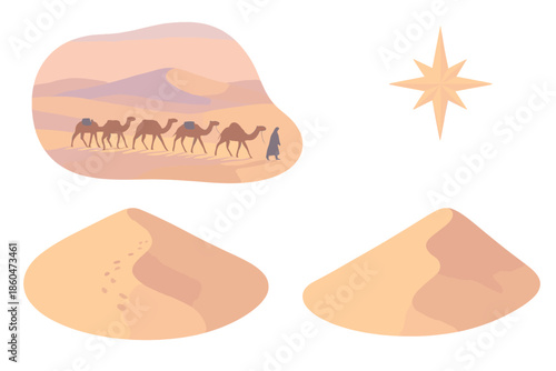 Nomadic Twilight Journey. Isometric vector illustration set Nomad’s Horizon: distant caravan, gentle dune slopes, warm twilight