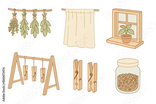 Herb Drying Nook. Isometric vector illustration set Herb Drying Nook: suspended herb bundles, linen curtain, small window ledge,