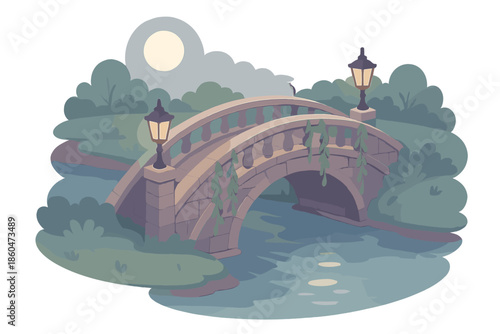 Moonlit River Bridge. Isometric vector illustration set Moonlit River Bridge: curved stone structure, glowing lanterns, shimmering