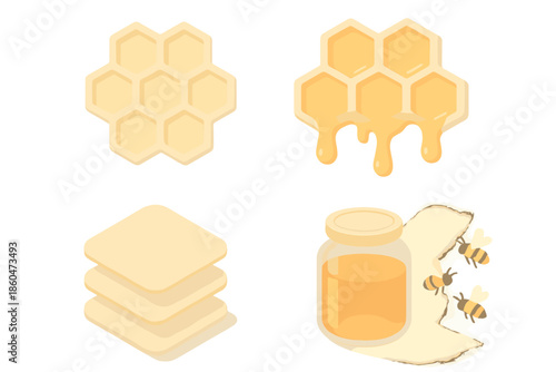 Honeycomb and Bees. Isometric vector illustration set Honeycomb Shadow Theory: geometric honeycomb grid, dripping honey cells,