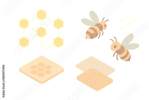 Luminescent Comb Network. Isometric vector illustration set Luminescent Comb Network: glowing honey nodes, floating nectar lines,