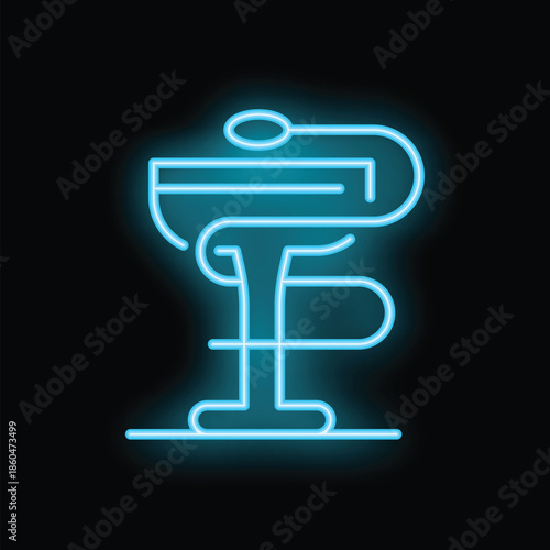Neon sign showing pharmacy symbol with a mortar and pestle on a black background