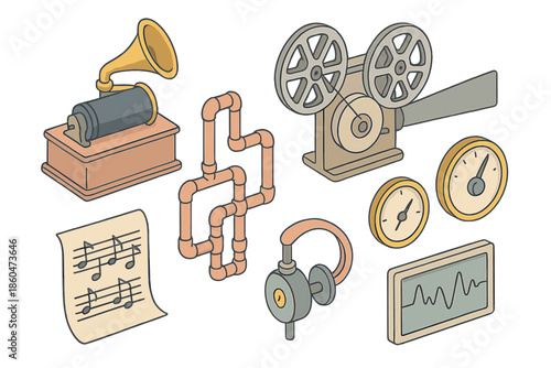 Isometric Sound Studio. Isometric vector illustration set Mechanical Sound Studio: wax cylinder player, rotating film machine,