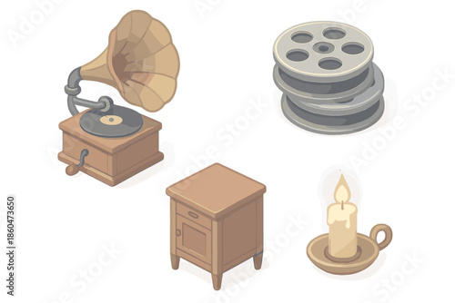 Silent Film Icons. Isometric vector illustration set Silent Film Phonograph: vintage gramophone horn, film reel stack, wooden