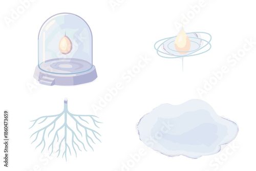 Photon Seed Observatory. Isometric vector illustration set Photon Seed Observatory: glass dome enclosure, suspended energy seed,