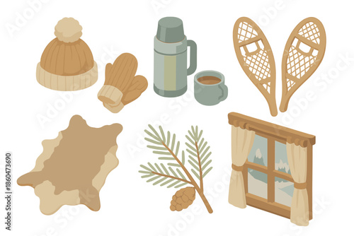 Nordic Winter Essentials. Isometric vector illustration set of Nordic Winter Lifestyle: wool hat and mittens, thermos with tea,