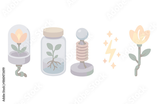Dream Bloom Icon Set. Isometric vector illustration set of Dream Bloom Machine: energy capsule flower, glass jar with roots,