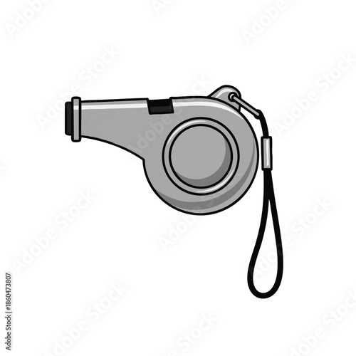 A vector illustration depicts a gray whistle with a black strap, isolated