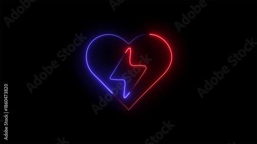 neon heart with lightning bolt energy icon on black background