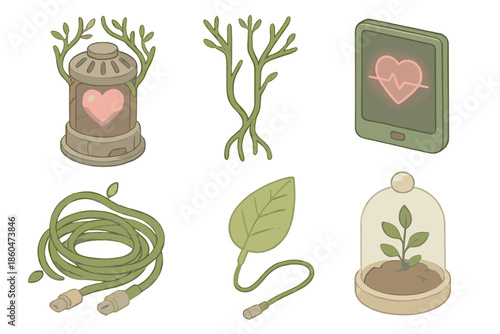 Forest Core Laboratory Icons. Isometric vector illustration set of Forest Core Laboratory: heart reactor chamber, metal branches,