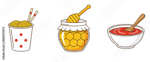 Food sauce and condiment icons set with noodles in cup, honey jar with dipper
