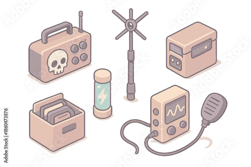 Signal Rebellion Gear Icons. Isometric vector illustration set of Signal Rebellion Gear: skull-marked radio, antenna staff,