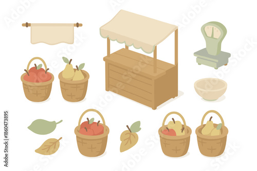 Seasonal Harvest Display. Isometric vector illustration set of Seasonal Harvest Stall: apples and pears in baskets, wooden counter