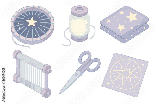 Galactic Weaving Artistry. Isometric vector illustration set of Cosmic Textile Workshop: circular weaving loom, glowing thread