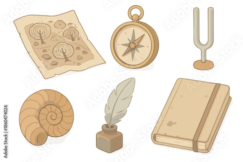 Sound Fossil Cartography. Isometric vector illustration set of Sound Fossil Cartography: map of buried trees, compass, resonance