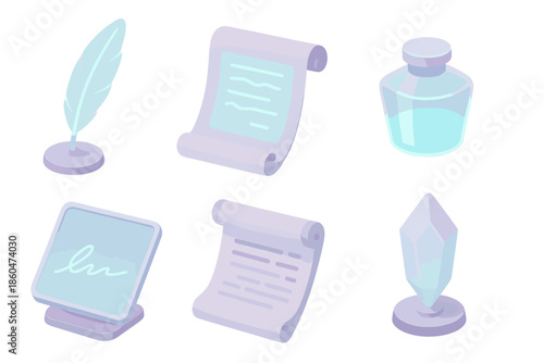 Futuristic Writing Desk. Isometric vector illustration set of Futuristic Writing Desk: glowing quill pen, digital parchment,