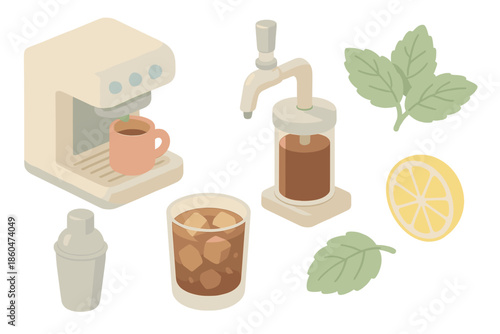 Summer Coffee Bar. Isometric vector illustration set Summer Coffee Bar: countertop coffee maker, cold brew tap, mint leaves