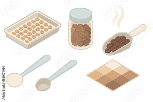 Coffee Roast Spectrum Icons. Isometric vector illustration set Roast Profile Spectrum: light roast beans on tray, medium roast in