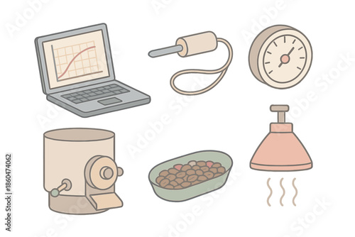 Roast Profile Calibration. Isometric vector illustration set Roast Profile Calibration: computer with roast graph, probe sensor,
