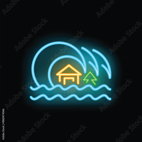 Neon style icon representing the concept of tsunami destroying houses and trees