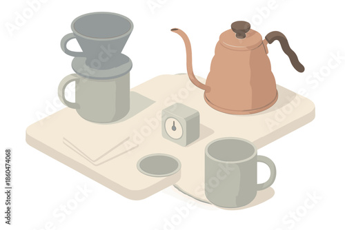 Contemporary Coffee Essentials. Isometric vector illustration set of Contemporary Brew Scene: matte ceramic dripper, minimalist