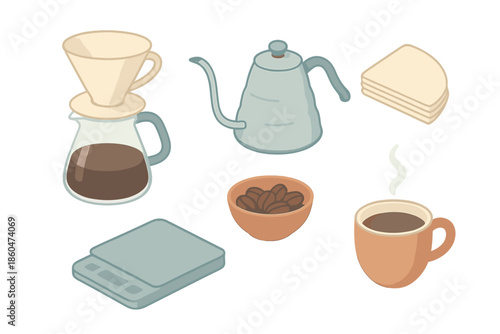 Morning Coffee Essentials. Isometric vector illustration set of Morning Brew Setup: ceramic dripper on glass carafe, gooseneck