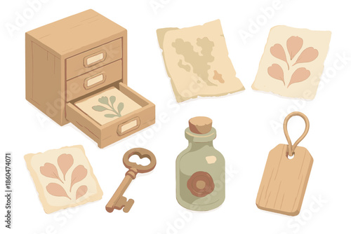 Forgotten Flora Archive. Isometric vector illustration set Forgotten Flora Archive: labeled specimen drawer, faded parchment map,