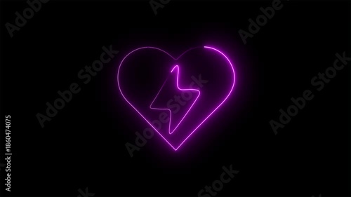 neon heart with lightning bolt energy icon on black background
