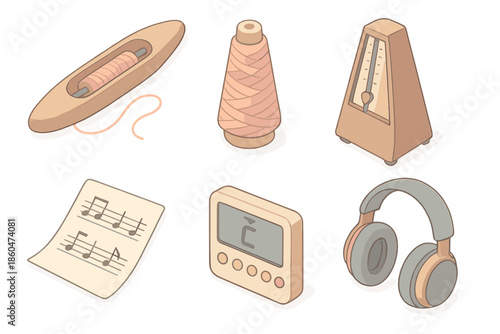 Artisan Sound Tools Icons. Isometric vector illustration set Soundcraft Artisan Tools: weaving shuttle, fiber cone, metronome,
