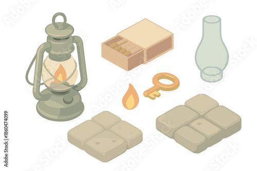 Lantern Keeper's Essentials. Isometric vector illustration set Lantern Keeper’s Tools: oil lamp, matchbox, glass chimney, brass