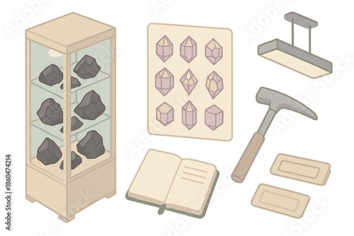 Geology Specimen Display. Isometric vector illustration set Geology Specimen Room: glass cabinet with obsidian samples, crystal