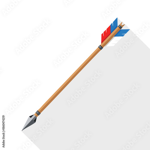 A single arrow with a gray tip, wooden shaft, and red/blue fletching, with shadow