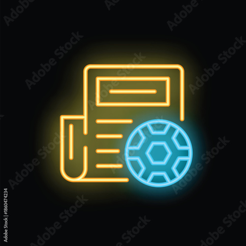 Bright neon icon of a newspaper showing football news update, isolated on a black background