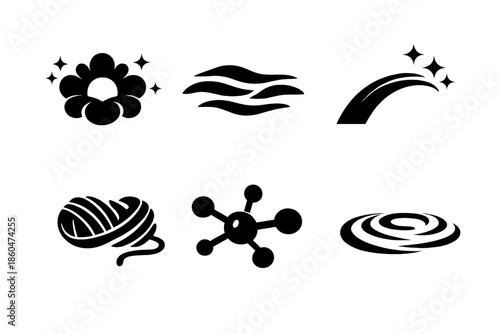 Subtle Growth Icons. Solid style icons of Subtle Growth: sky bloom, fog line, flowing arc, soft thread, luminous node, gentle