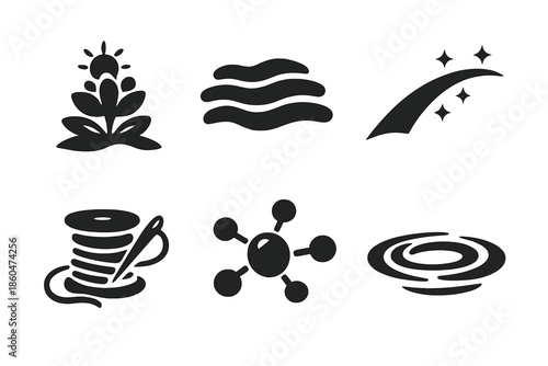 Subtle Growth Icons. Solid style icons of Subtle Growth: sky bloom, fog line, flowing arc, soft thread, luminous node, gentle