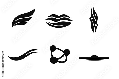Serene Symbolic Icons. Solid style icons of Serene Direction: drift wing, sand mark, luminous thread, flowing arc, soft node,