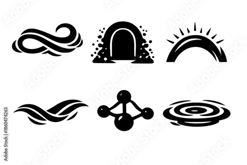 Ethereal Flow Icons. Solid style icons of Ethereal Flow: wind loop, dust gate, luminous arc, flowing thread, soft node, gentle