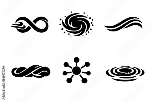 Infinite Motion Icons. Solid style icons of Infinite Motion: wind loop, dust gate, flowing arc, soft thread, luminous node, gentle