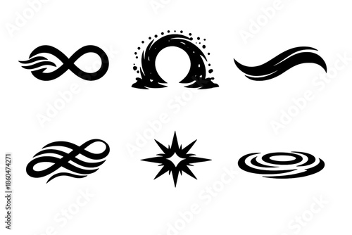 Infinite Motion Icons. Solid style icons of Infinite Motion: wind loop, dust gate, flowing arc, soft thread, luminous node, gentle