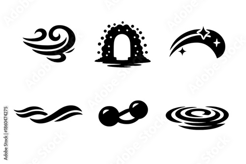 Ethereal Flow Icons. Solid style icons of Ethereal Flow: wind loop, dust gate, luminous arc, flowing thread, soft node, gentle