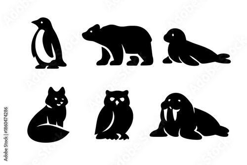 Polar Animal Icons. Solid vector icons of polar animals: penguin, polar bear, seal, arctic fox, snowy owl, walrus No text, No