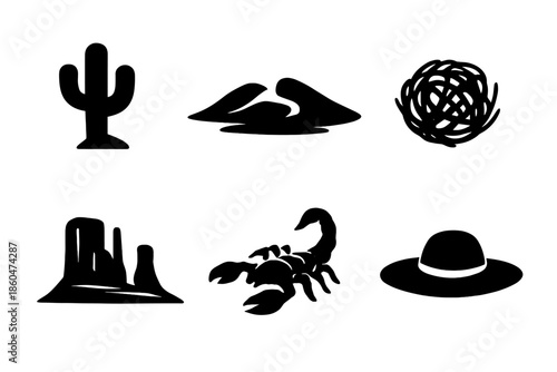 Desert Icon Set. Solid vector icons of desert landscapes: cactus, sand dune, tumbleweed, rock formation, scorpion, sun hat No text