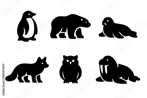 Polar Animal Icons. Solid vector icons of polar animals: penguin, polar bear, seal, arctic fox, snowy owl, walrus No text, No