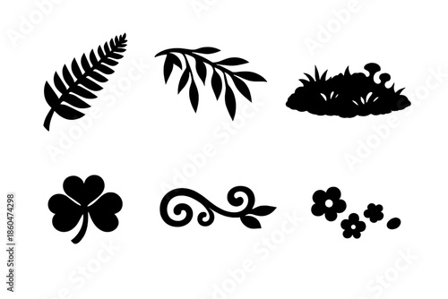 Ethereal Flora Icons. Solid vector icons of ethereal flora: fern frond, willow branch, moss patch, clover, vine curl, tiny blossom