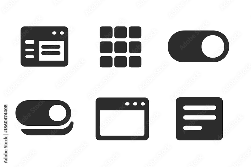 Obraz premium UI Elements Icons. Solid vector icons of UI elements: panel, grid, toggle, switch, window, menu No text, No labels, isolated