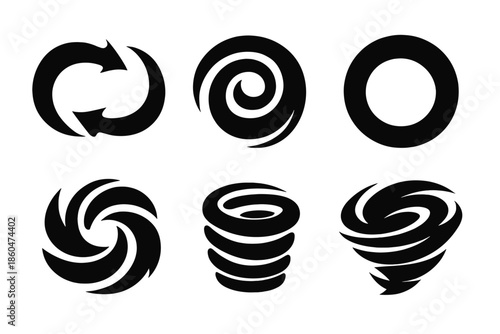 Circular Energy Icons. Solid vector icons of circular energy: loop, spiral, ring, swirl, coil, vortex No text, No labels, isolated