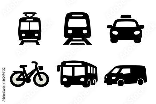 Urban Transit Icons. Solid vector icons of urban transit: tram, subway train, taxi, city bus, shared bike, shuttle van No text, No