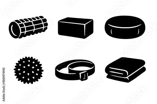 Wellness Tools Icons. Solid vector icons of relaxation and recovery: foam roller, yoga block, meditation cushion, massage ball,