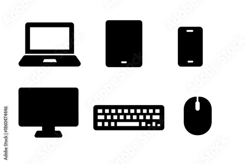 Digital Workspace Icons. Solid vector icons of digital workspace: laptop, tablet, smartphone, monitor, keyboard, mouse No text, No