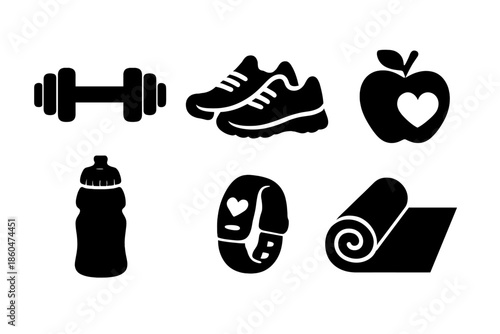 Health and Fitness Icons. Solid vector icons of health and fitness: dumbbell, running shoes, apple with heart, sports drink bottle